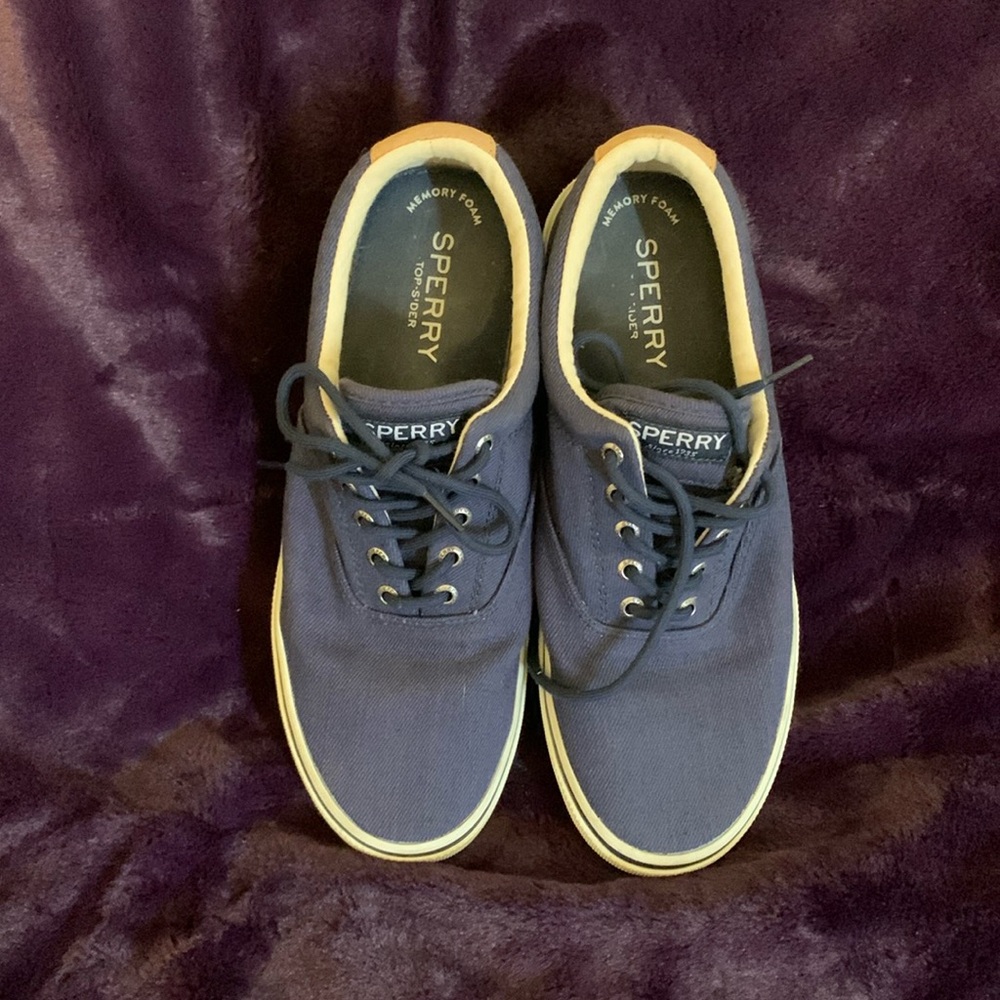 Sperry Top Sider STS22995 Navy Blue Canvas Memory Foam Sneaker Men’s Size USA 10